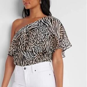 NEW Express x Rachel Zoe Animal Print One Shoulder Bodysuit XS Black Tan Zebra